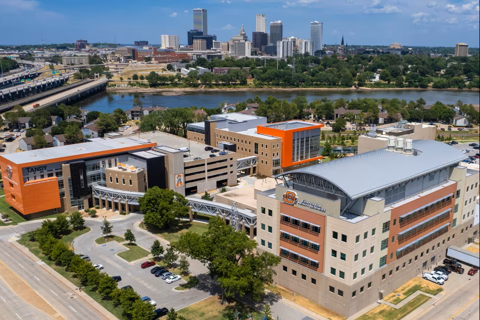 An aerial photo of the exterior of the OSU-CHS campus.
