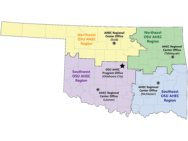 Map of Oklahoma showing AHEC offices in Enid, Lawton, McAlester, Oklahoma City and Tahlequah.