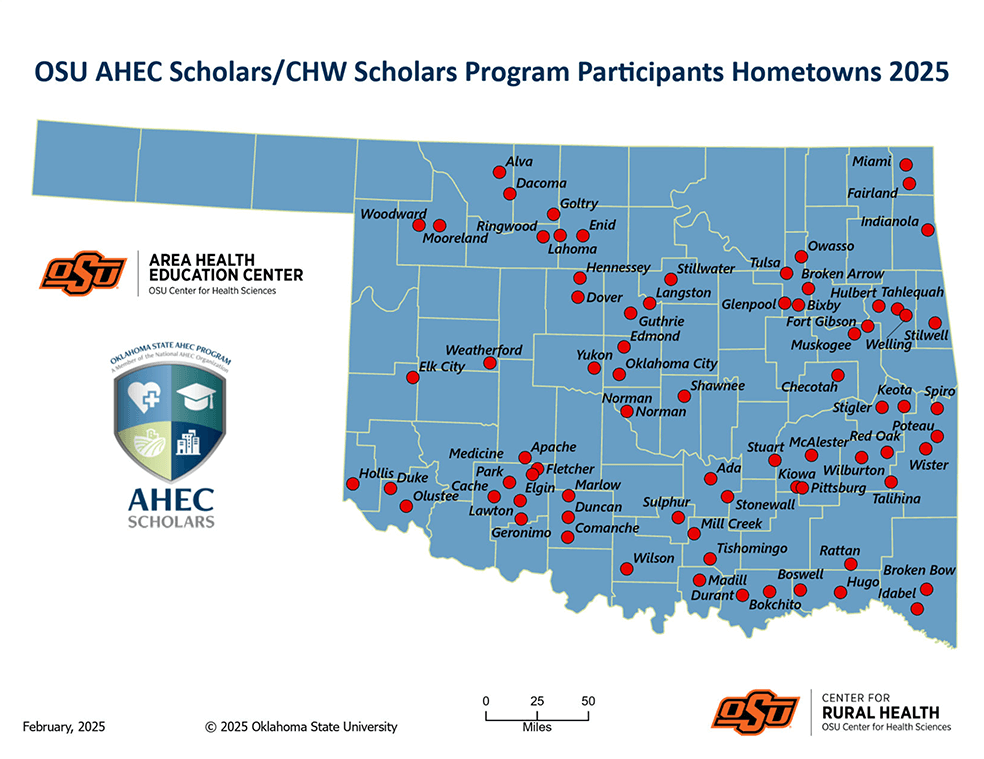 Map showing the hometowns of OSU AHEC Scholars Program participants. Data described under the heading Participants Hometowns.